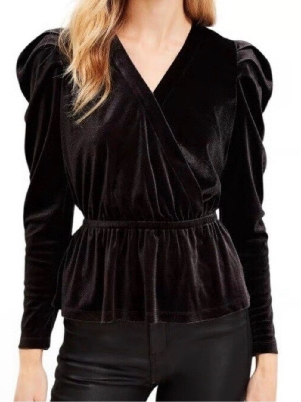 LOFT Black Velvet Peplum Top With Puff Sleeves - size medium